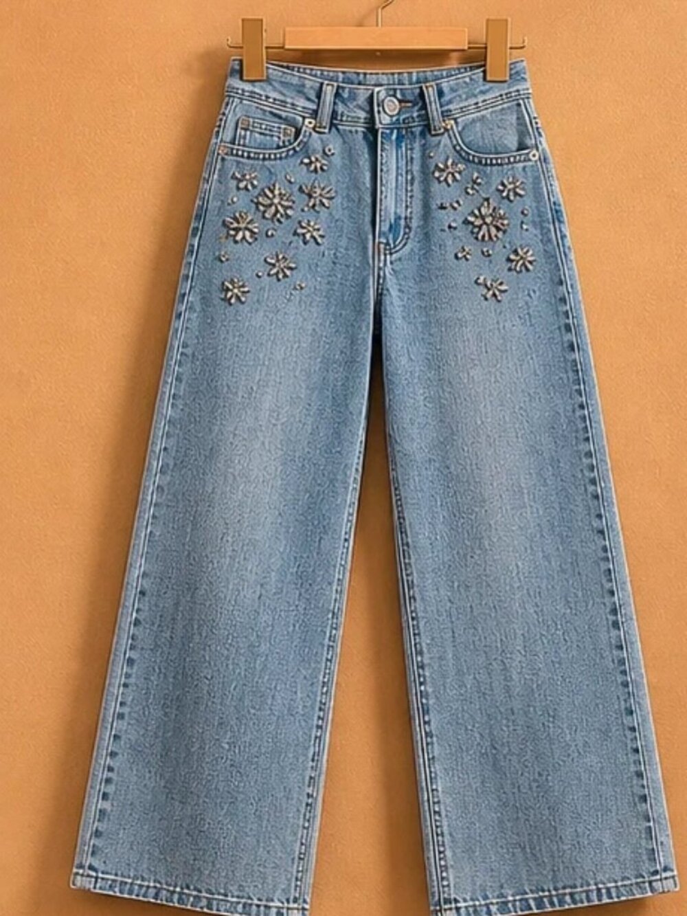 Anonio Melani NWOT Size 12 Wide Leg Jeans w/ Rhinestone Floral Detail Glam Denim